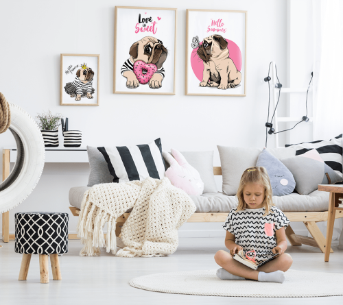 Plakaty dla dziewczynki z psem Mops, Hello Dog