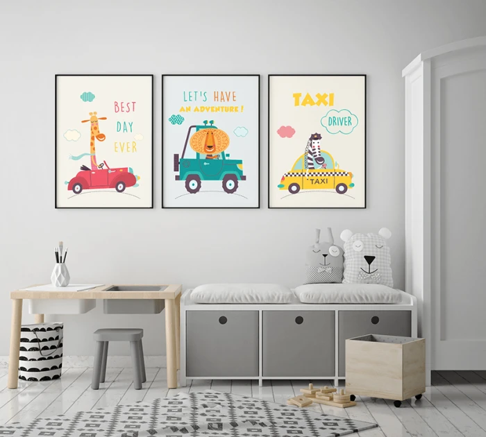 Zestaw Plakaty Autka Samochody Zwierzęta Dla Dzieci Wallie Studio Dekoracji