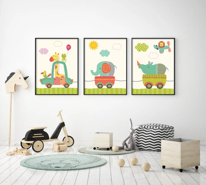 Zestaw Plakaty Dla Dzieci Ciuchcia Pociąg Lokomotywa Zwierzątka Wallie Studio Dekoracji