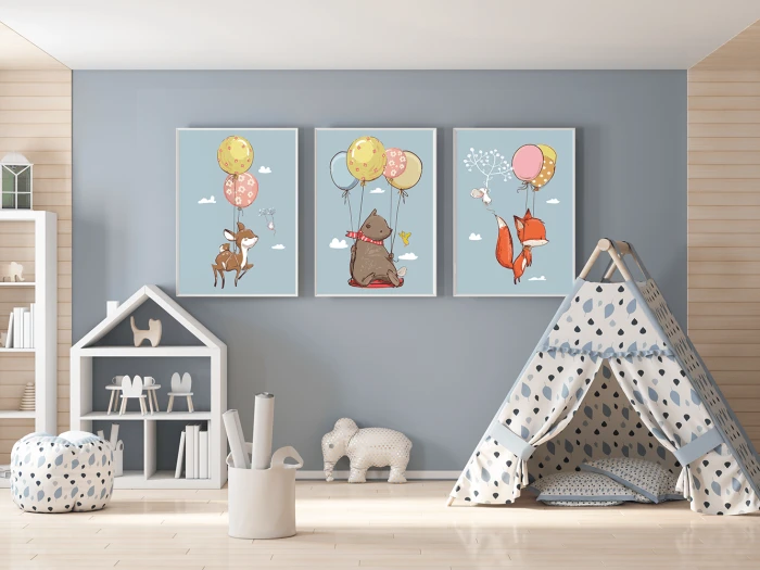 Zestaw Plakaty Dla Dzieci Zwierzaki Zwierzęta Fiku Miku Balony Lot Wallie Studio Dekoracji