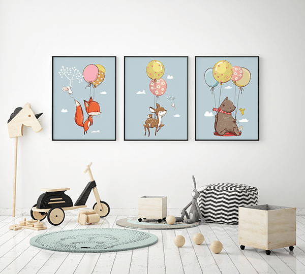 Zestaw Plakaty Dla Dzieci Zwierzaki Zwierzęta Fiku Miku Balony Lot Wallie Studio Dekoracji