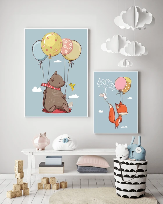Zestaw Plakaty Dla Dzieci Zwierzaki Zwierzęta Fiku Miku Balony Lot Wallie Studio Dekoracji