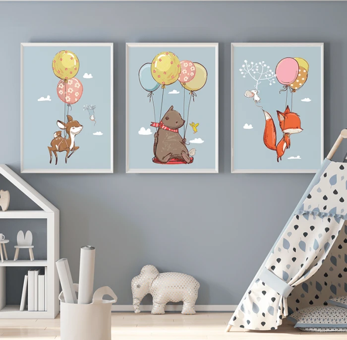 Zestaw Plakaty Dla Dzieci Zwierzaki Zwierzęta Fiku Miku Balony Lot Wallie Studio Dekoracji