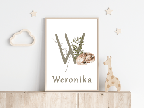 Plakat z literą i imieniem dziecka W z sarenką