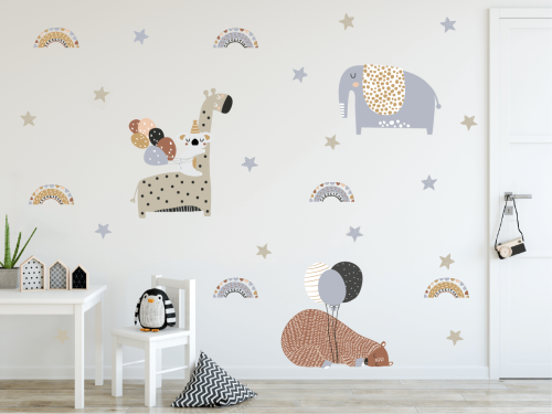 naklejki-scienne-slon-zyrafa-mis-tecza-balony-wallie.jpg – Naklejki ścienne do pokoju dziecka z uroczymi zwierzątkami: słoń, żyrafa, miś, tęcza i balony