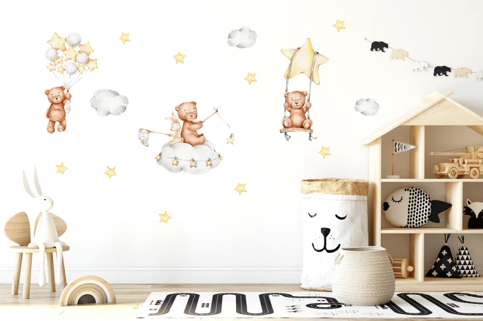 naklejki-do-pokoju-dziecka-misie-chmurki-gwiazdki-wallie.jpg – Delikatne naklejki ścienne z motywem misiów, chmurek i gwiazdek – dekoracja 70x100 cm