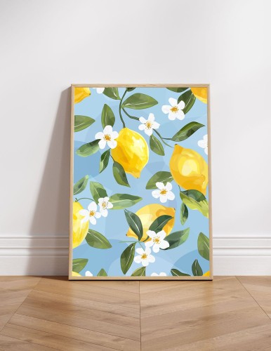 Romantyczny plakat z cytrynami i kwiatami na błękitnym tle. Naturalna, botaniczna dekoracja do wnętrz w stylu vintage lub boho.