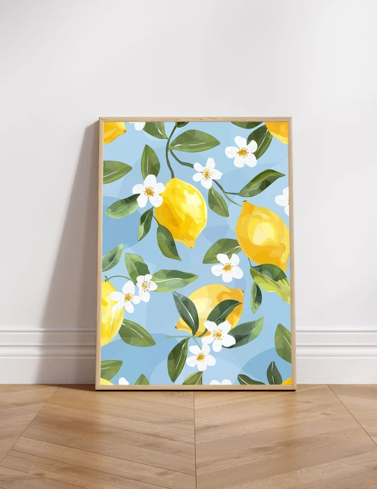 Romantyczny plakat z cytrynami i kwiatami na błękitnym tle. Naturalna, botaniczna dekoracja do wnętrz w stylu vintage lub boho.