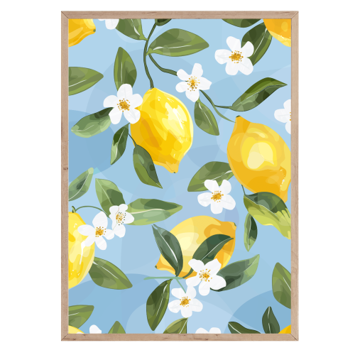 Romantyczny plakat z cytrynami i kwiatami na błękitnym tle. Naturalna, botaniczna dekoracja do wnętrz w stylu vintage lub boho.