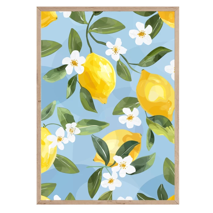 Romantyczny plakat z cytrynami i kwiatami na błękitnym tle. Naturalna, botaniczna dekoracja do wnętrz w stylu vintage lub boho.