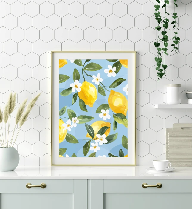Romantyczny plakat z cytrynami i kwiatami na błękitnym tle. Naturalna, botaniczna dekoracja do wnętrz w stylu vintage lub boho.