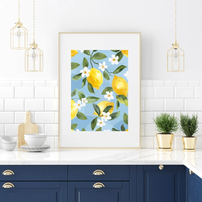 Romantyczny plakat z cytrynami i kwiatami na błękitnym tle. Naturalna, botaniczna dekoracja do wnętrz w stylu vintage lub boho.