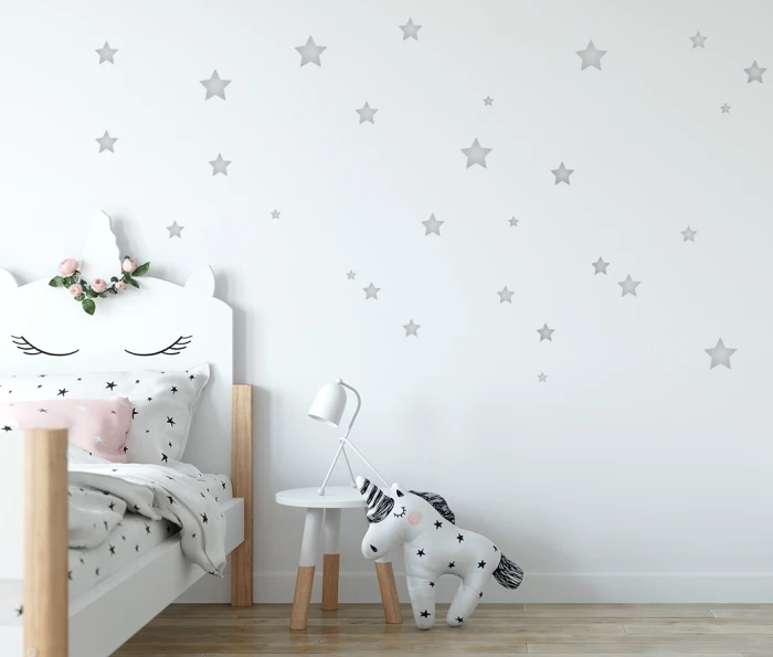 naklejki na ścianę srebrne gwiazdki, naklejki ścienne Wallie Studio Dekoracji