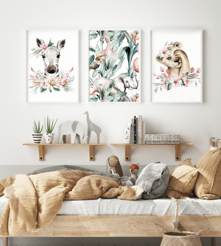 Plakaty Safari Zebra Flaming Słoń Lew Pokój Dziecka Wallie Studio Dekoracji