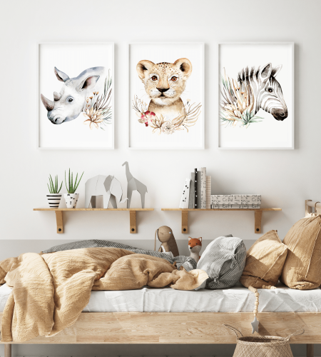 Plakaty Safari Lew Zebra Nosorożec Pokój Dziecka Wallie Studio Dekoracji