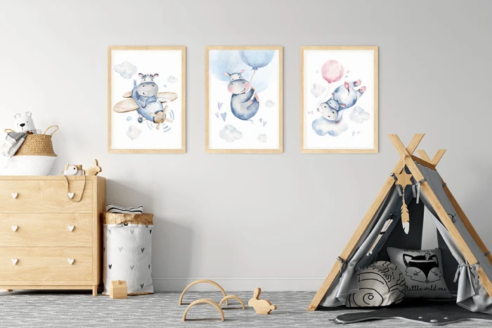 Plakaty Hipopotamy Hipcio Zwierzęta Zestaw Balon Samolot Pokój Dziecka Wallie Studio Dekoracji