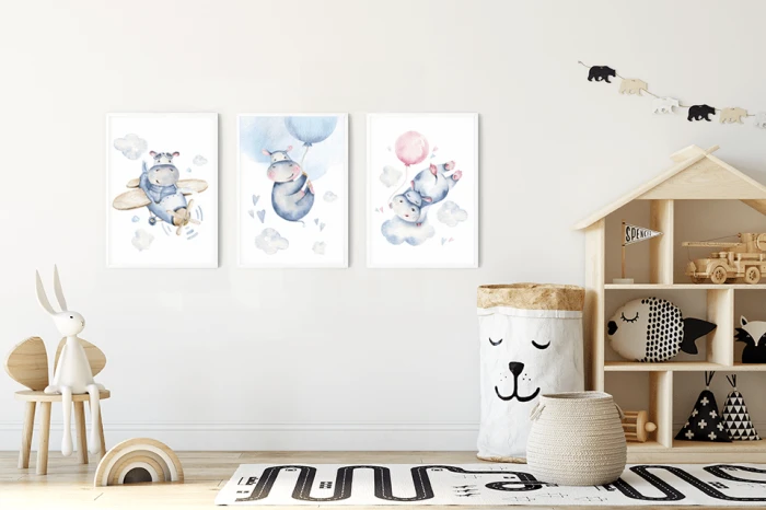 Plakaty Hipopotamy Hipcio Zwierzęta Zestaw Balon Samolot Pokój Dziecka Wallie Studio Dekoracji