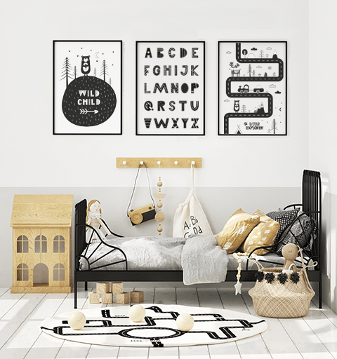 Czarno białe plakaty skandynawskie autka alfabet zestaw Pokój Dziecka Wallie Studio Dekoracji