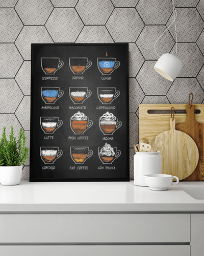 Plakat do kuchni Kawa Kawunia Mała Czarna Coffee Espresso Americano Cappuccino Latte Mocha Irish Coffee Wallie Studio Dekoracji