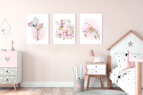 Plakaty Wróżka Motylek Ptaszek Ptak Motyl Różowe Pokój Dziecka Wallie Studio Dekoracji
