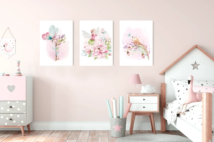 Plakaty Wróżka Motylek Ptaszek Ptak Motyl Różowe Pokój Dziecka Wallie Studio Dekoracji