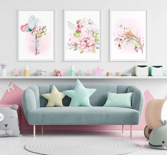 Plakaty Wróżka Motylek Ptaszek Ptak Motyl Różowe Pokój Dziecka Wallie Studio Dekoracji