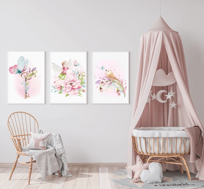 Plakaty Wróżka Motylek Ptaszek Ptak Motyl Różowe Pokój Dziecka Wallie Studio Dekoracji