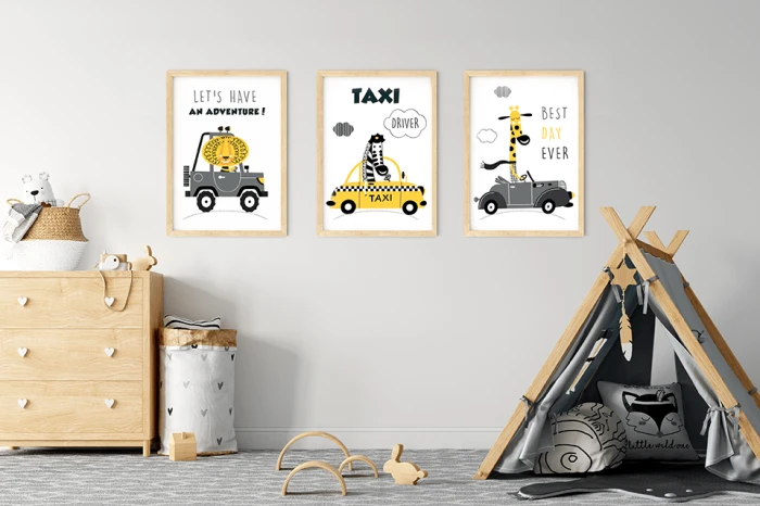 Plakaty Autka Auta Taxi Taksówka Żyrafa Zebra Lew Pokój Dziecka Wallie Studio Dekoracji