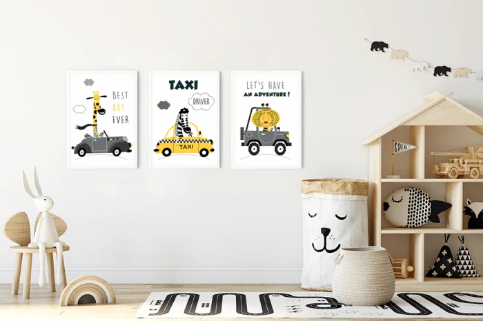 Plakaty Autka Auta Taxi Taksówka Żyrafa Zebra Lew Pokój Dziecka Wallie Studio Dekoracji