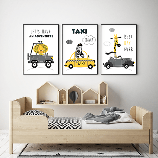 Plakaty Autka Auta Taxi Taksówka Żyrafa Zebra Lew Pokój Dziecka Wallie Studio Dekoracji