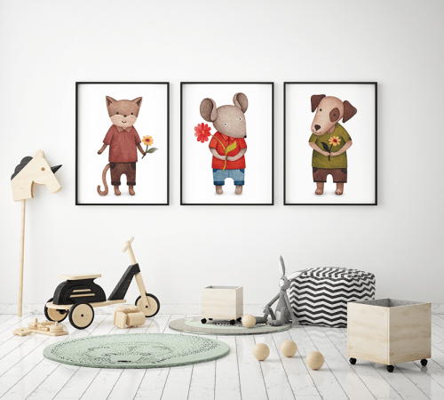 Plakaty Kot Pies Mysz Kolory Ziemi Pokój Dziecka Wallie Studio Dekoracji