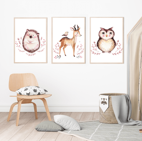 plakaty zestaw las leśne zwierzęta jeż jelonek sowa wallie studio dekoracji